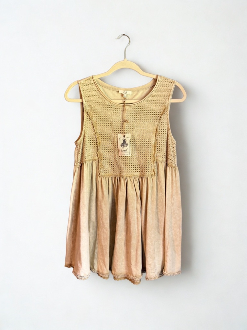 easel Crochet Bodice Tunic Dress in Tan